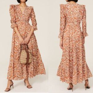Maje Ruflina Ruffle Maxi Dress 36 Small Orange Prairi Cottagecore Farmhouse Fall
